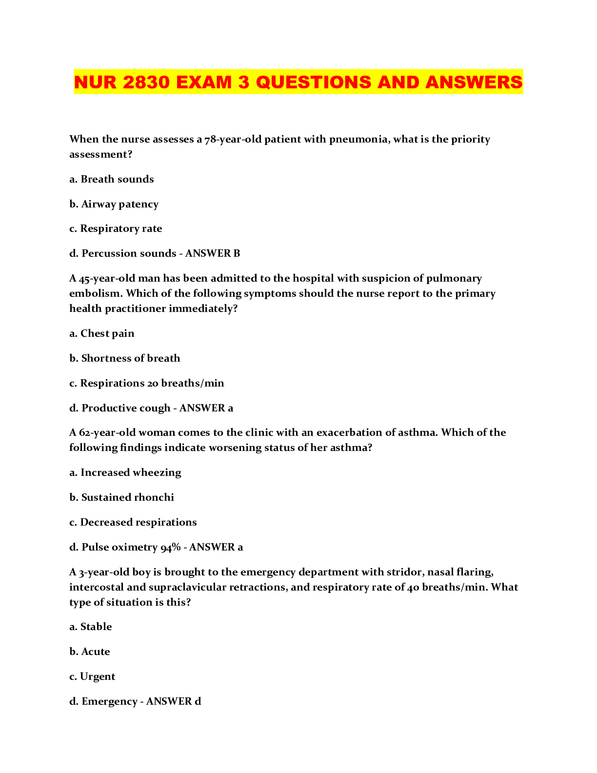 Recommended document preview for NUR 2830 EXAM 3 QUESTIONS AND ANSWERS